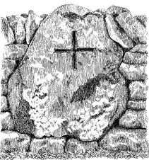 Line drawing of a cross carved into a large boulder in a drystone wall